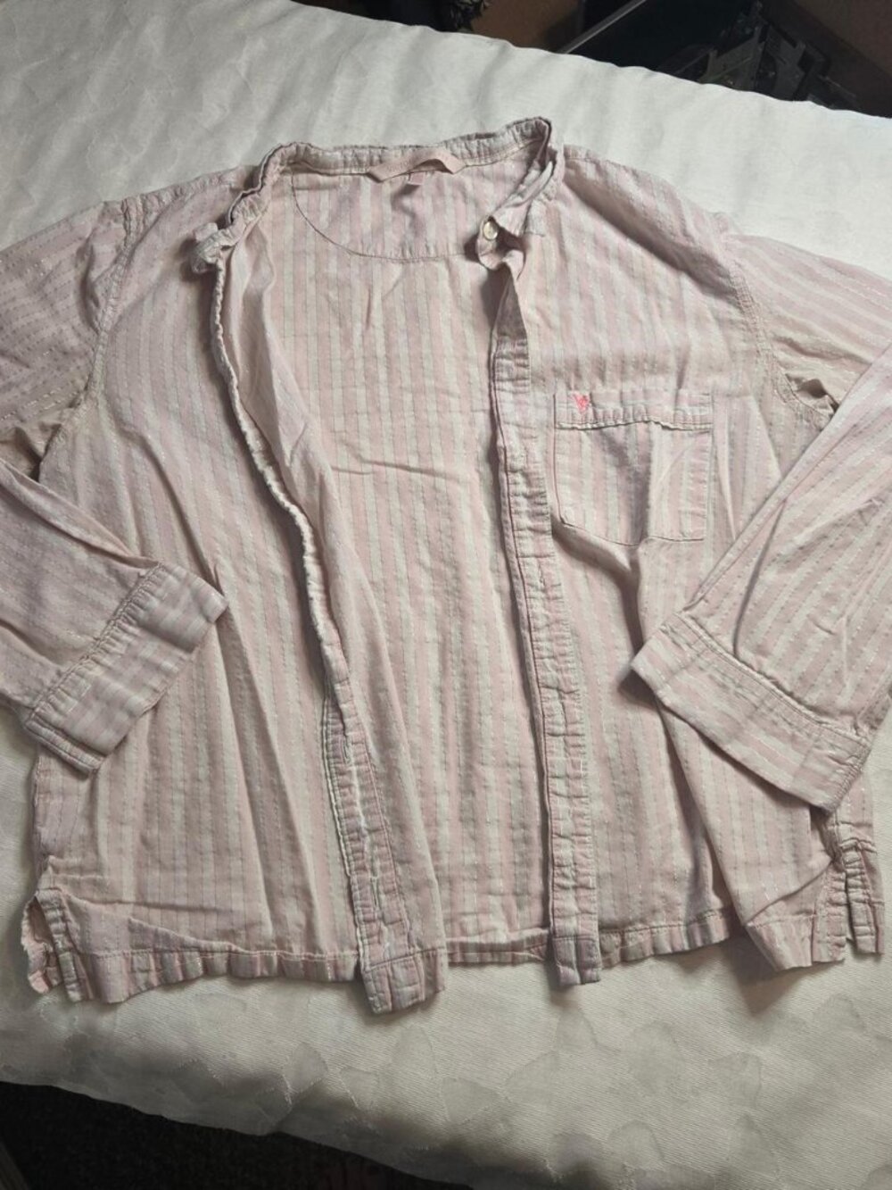 Victoria's Secret Pink White Silver Striped Cotton Button Up Pajama Long Sleeved